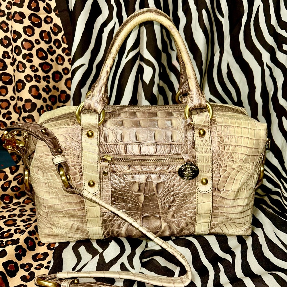 Brahmin Cream and Tan Satchel with Crocodile Texture